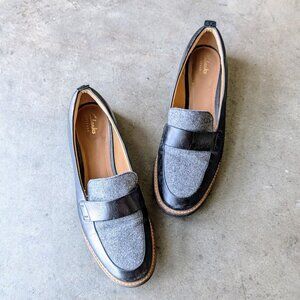 Clarks Artisan Glick Avalee Loafer Black Leather Gray Wool Shoes size 10